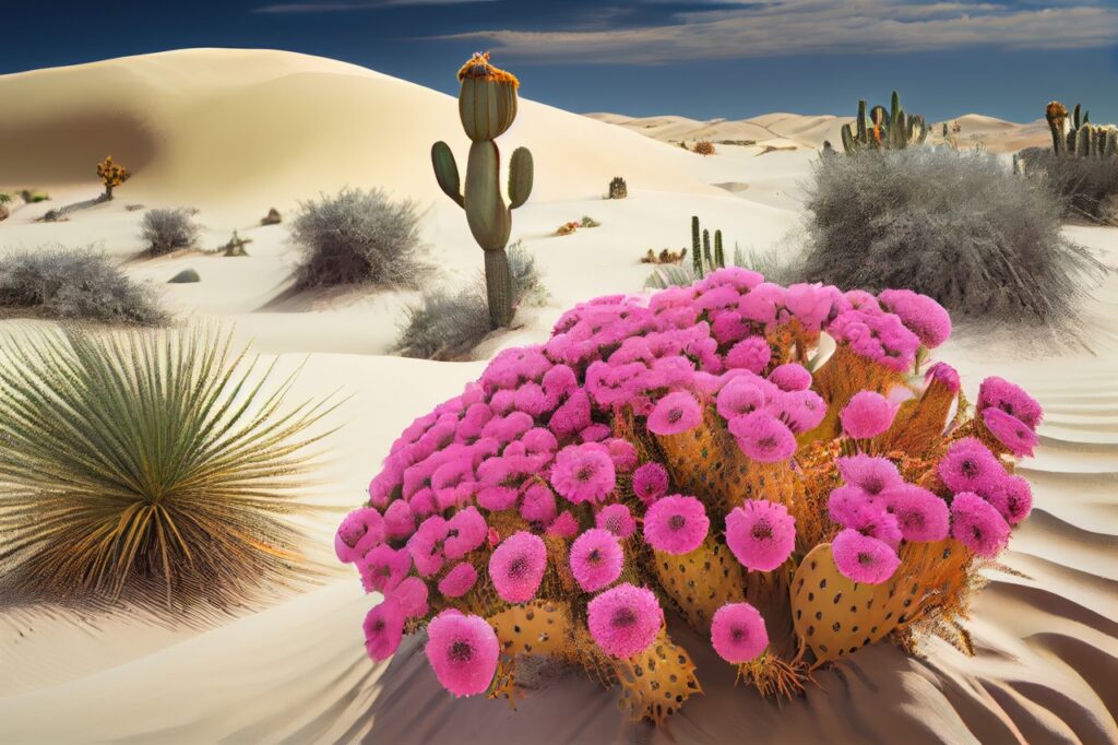 deserwith cactus in bloom, surrounded by dunes